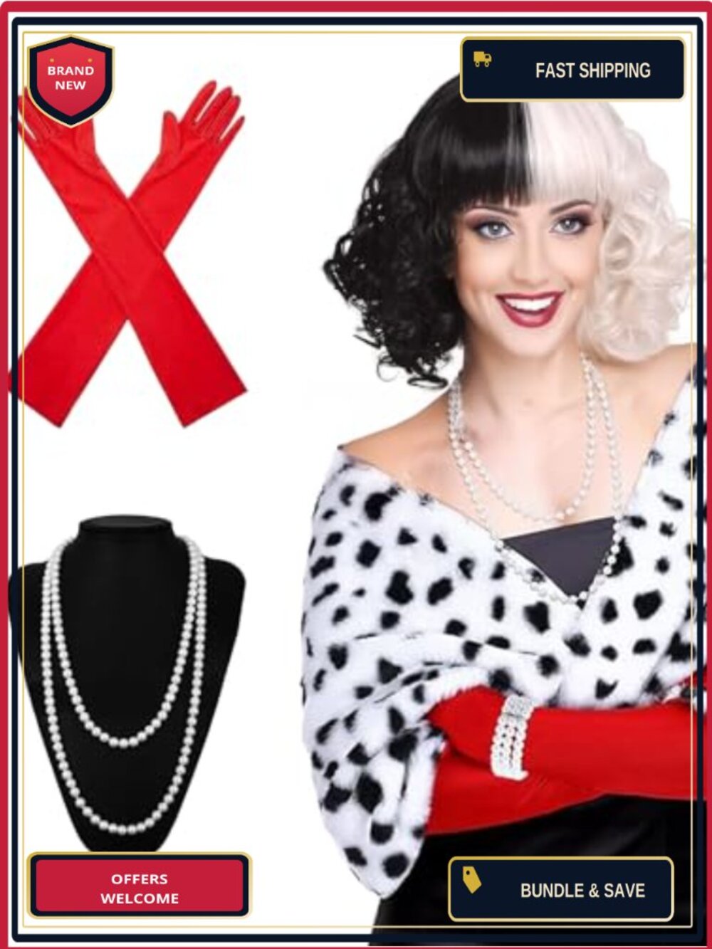 Dalmatian Costume Set Spotted Faux Fur Capelet Curly Wig Red Gloves Pearl